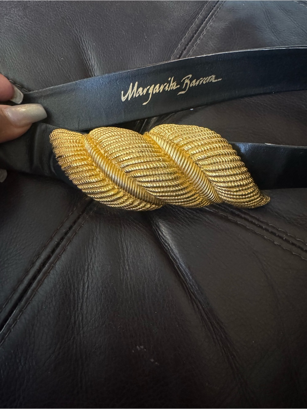 Black Leather Belt with Gold Leaf Buckle